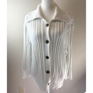 Chaps Denim Womens White Ribbed Cardigan Sweater XL 100% Cotton Button Front